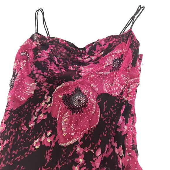 Lexus Women's Pink Black Silk Double Straps Floral Beaded Long Dress Size UK 10 - Picture 3 of 12